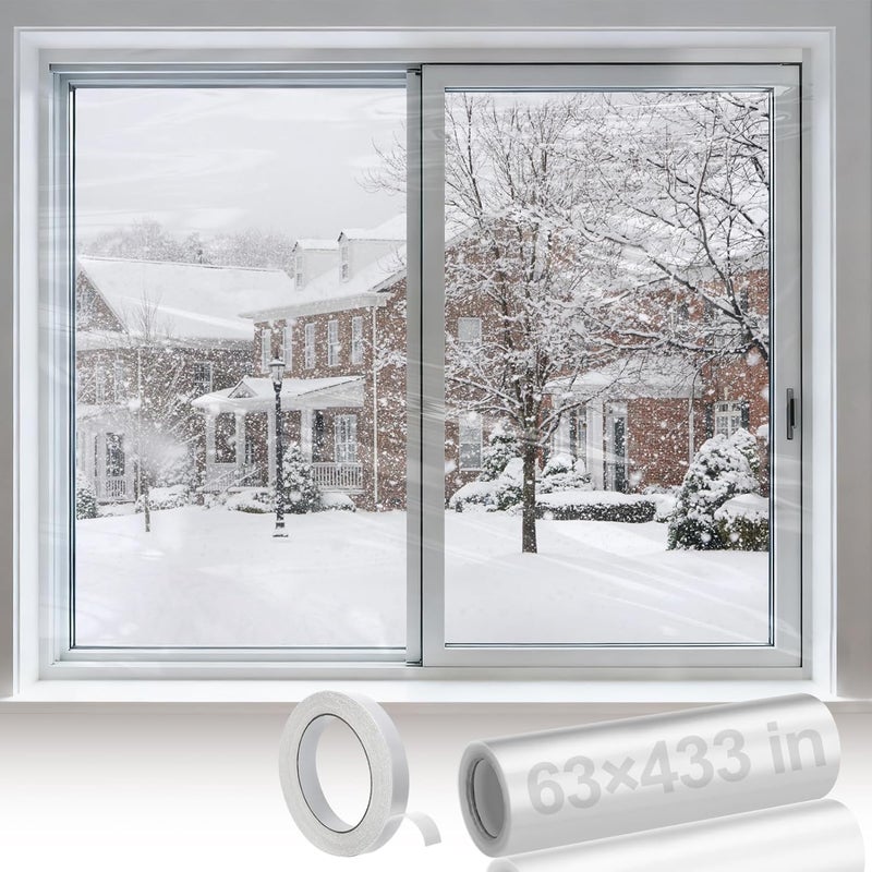 Bigmeta 63×433in Window Insulation for Winter - Fits 10 Windows of 3' x 5' Clear Heat Shrink Plastic for Winterizing, Cuttable Window Film with Tape for Easy Indoor Installation - Image 1